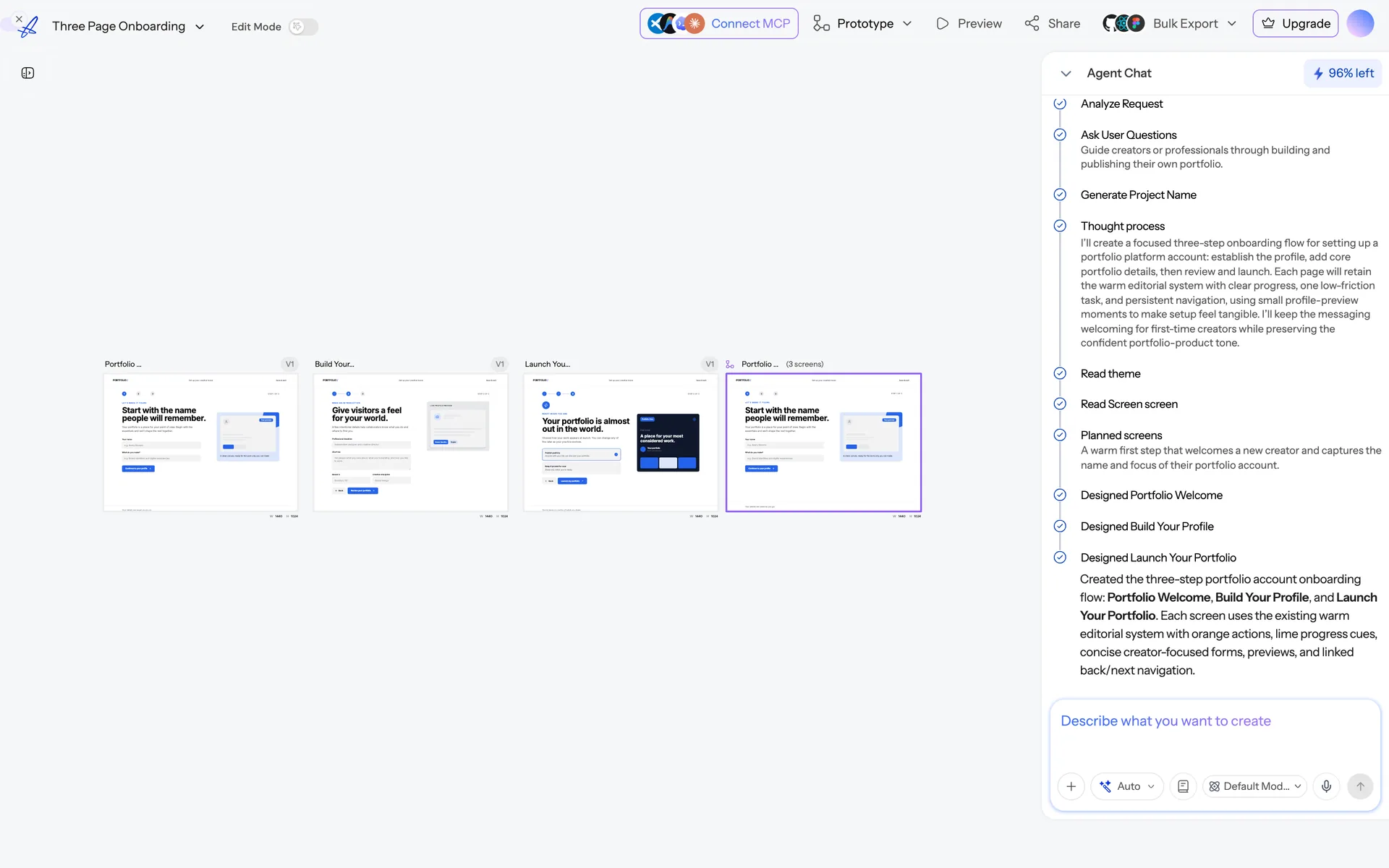 A UXMagic project on the canvas: three generated onboarding screens beside the agent chat panel listing the steps it took.