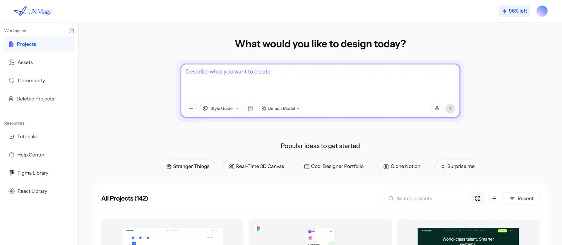 The UXMagic dashboard, with a prompt box reading “Describe what you want to create” and suggested starting ideas beneath it.