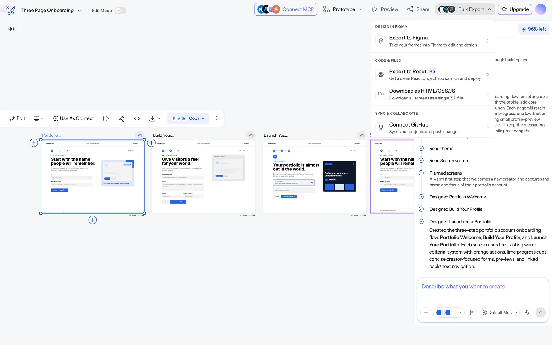 The Bulk Export menu open over a UXMagic project, offering export of the selected screens.