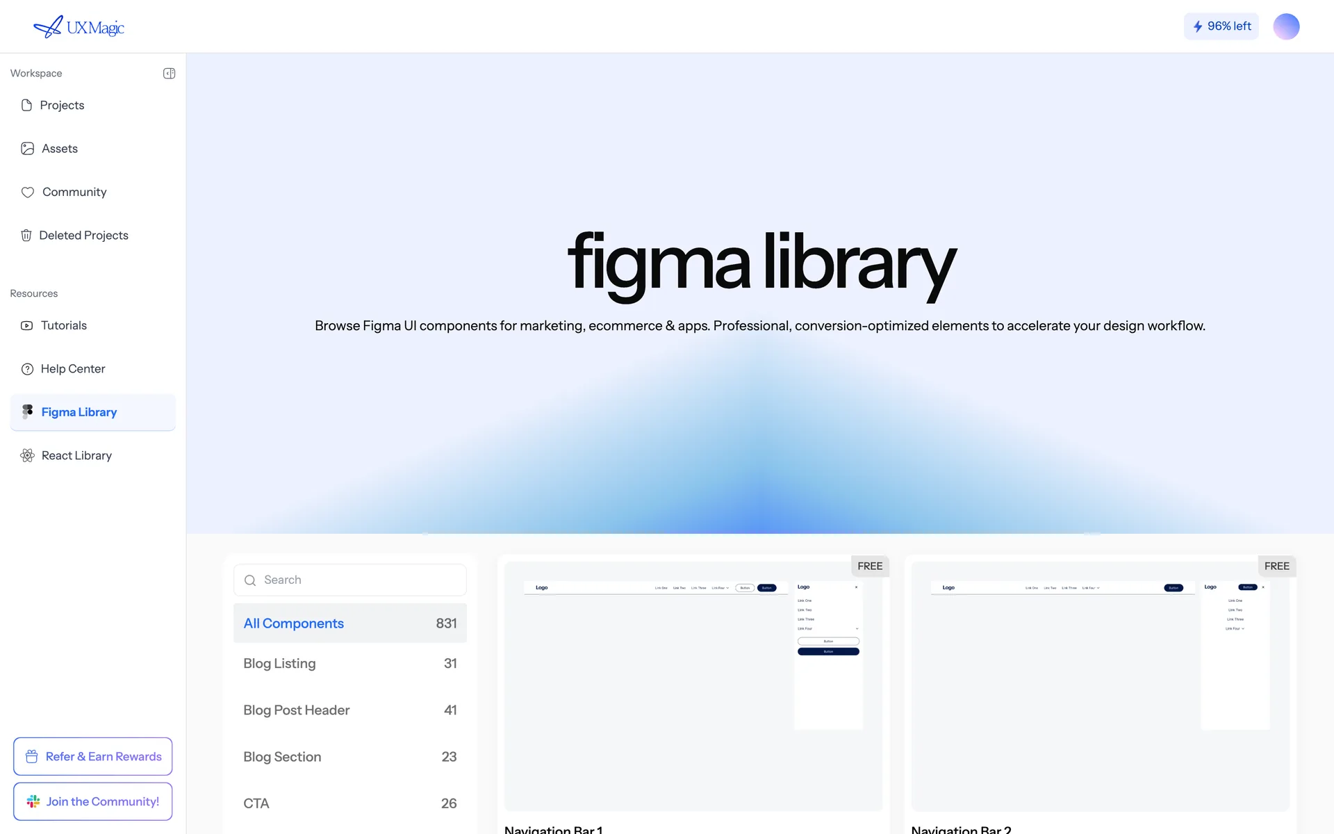 The built-in Figma component library, showing categories of ready-made components.