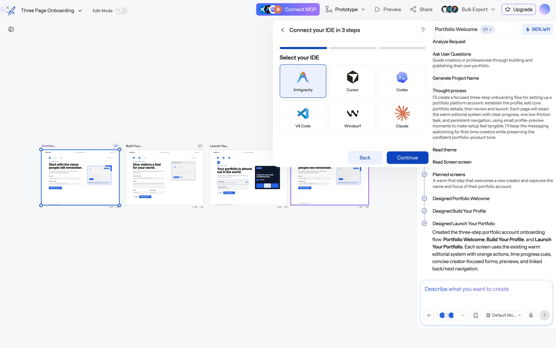 The Connect MCP dialog, showing the supported IDEs: Antigravity, Cursor, Codex, VS Code, Windsurf and Claude.