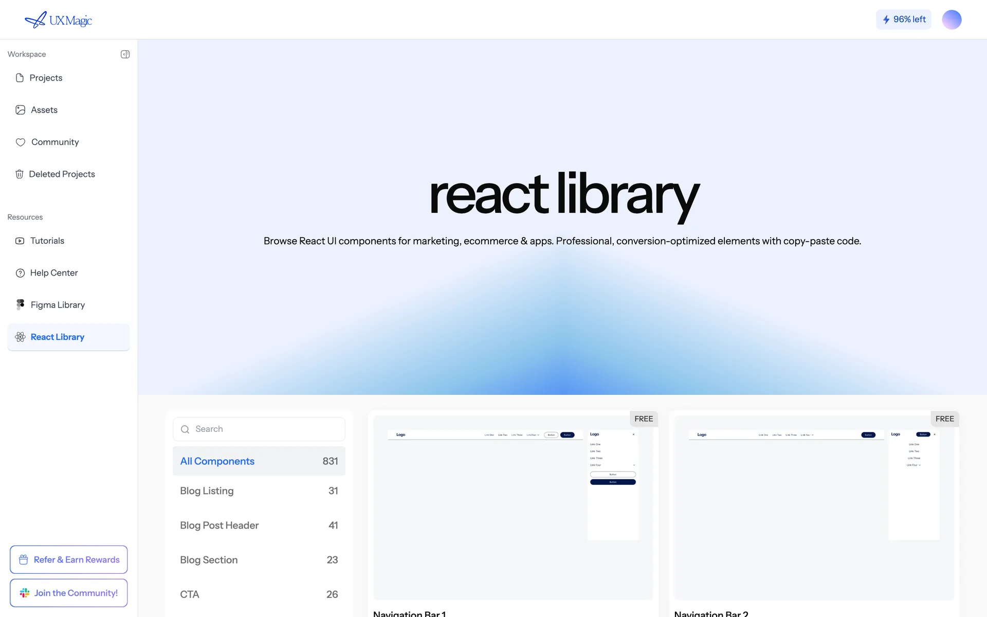 The React component library, showing components ready to copy into a codebase.
