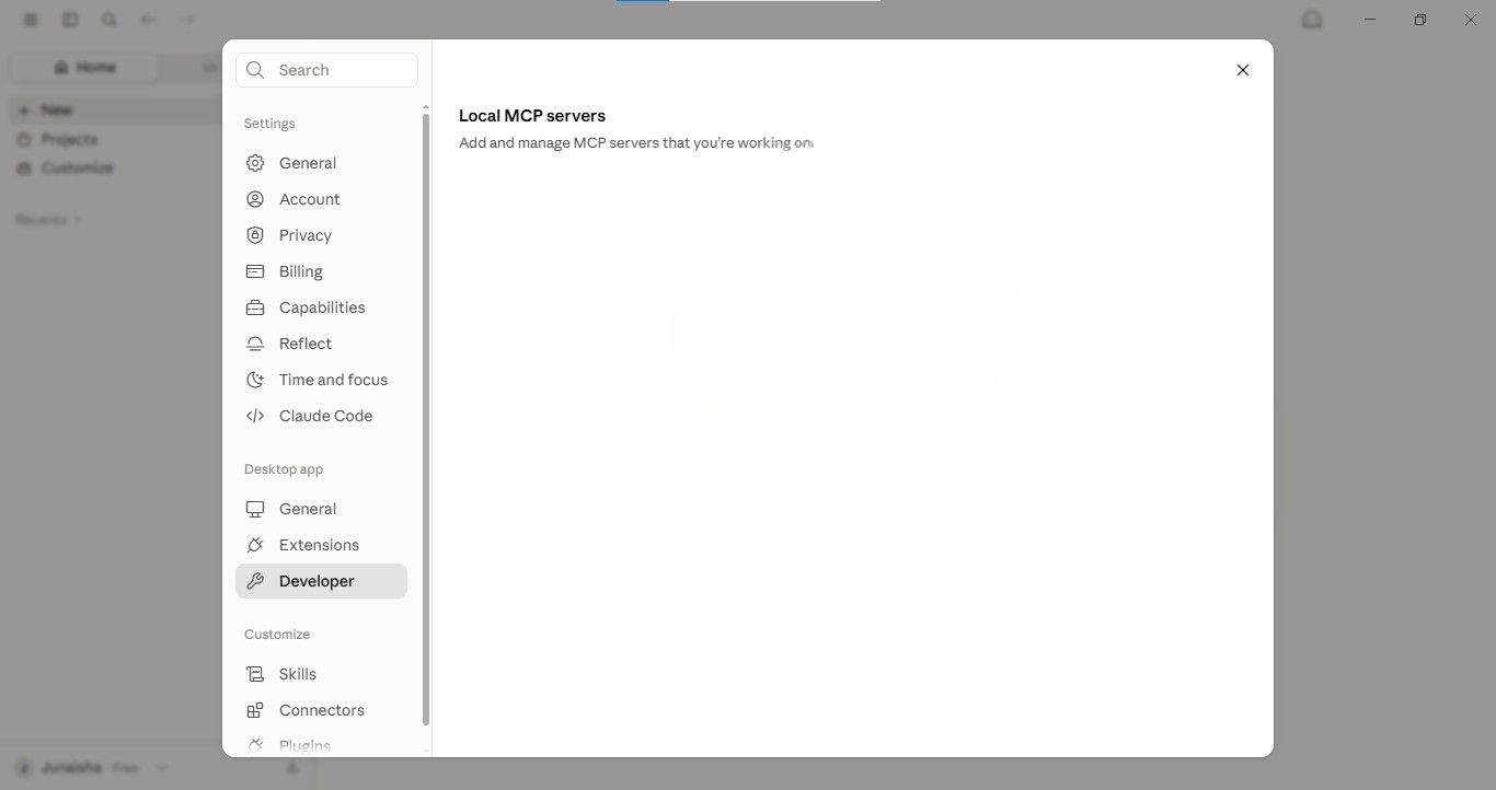 Claude local MCP servers settings screen with an empty server list