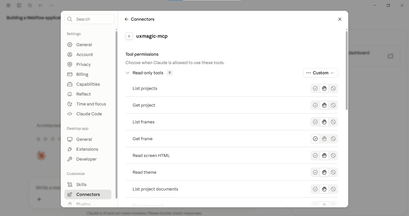 Claude listing the connected uxmagic-mcp server and its available tools