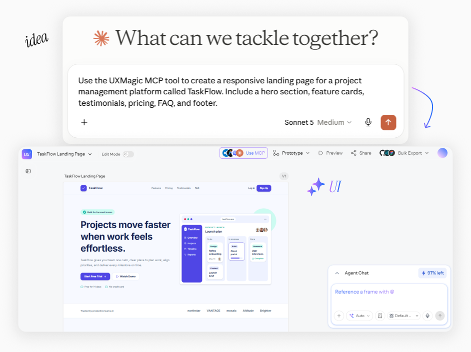 A Claude prompt producing a complete landing page inside UXMagic